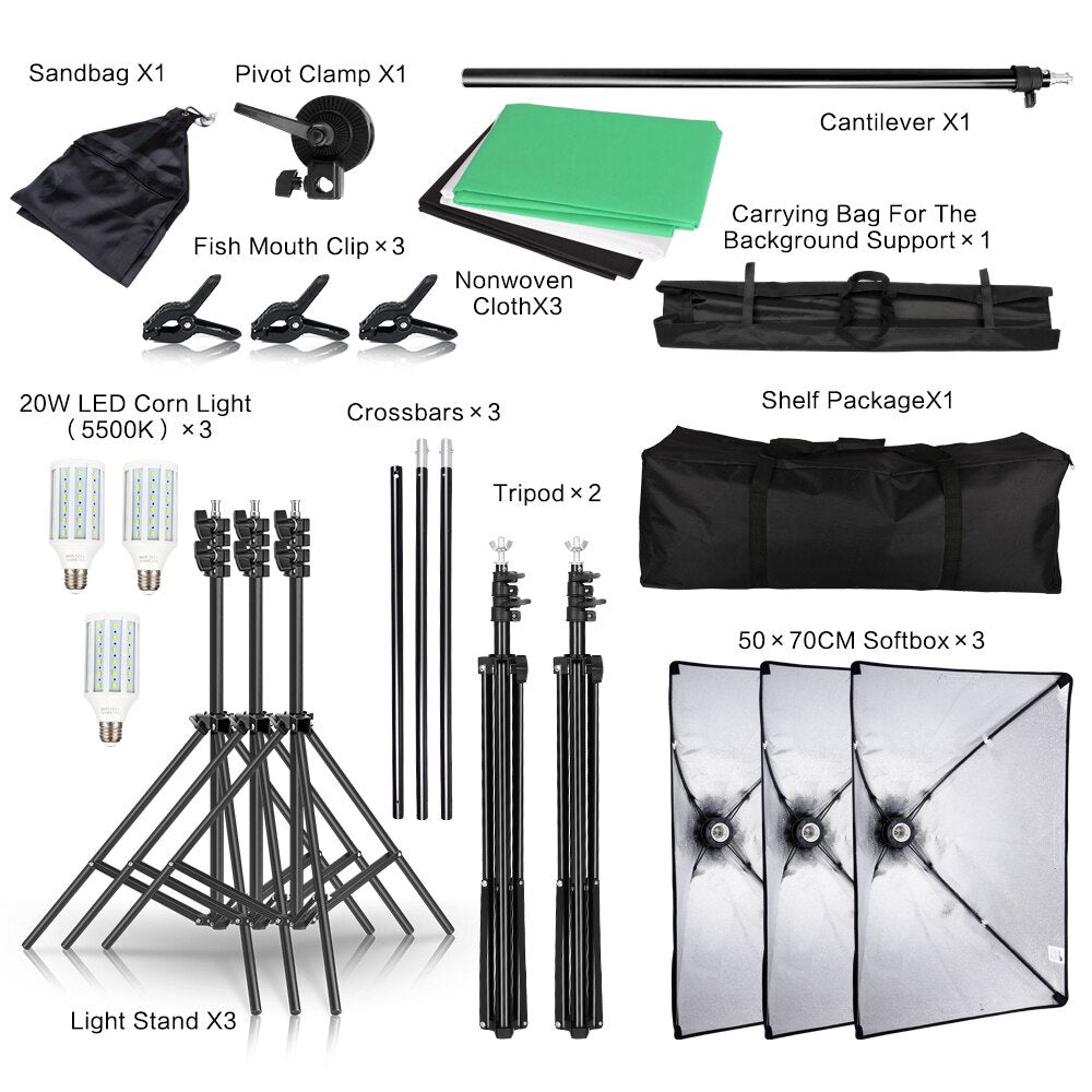 Support de cadre de fond de photographie, boîte à lumière, kit d'éclairage, équipement de studio photo, accessoires avec 3 arrière-plans et trépied