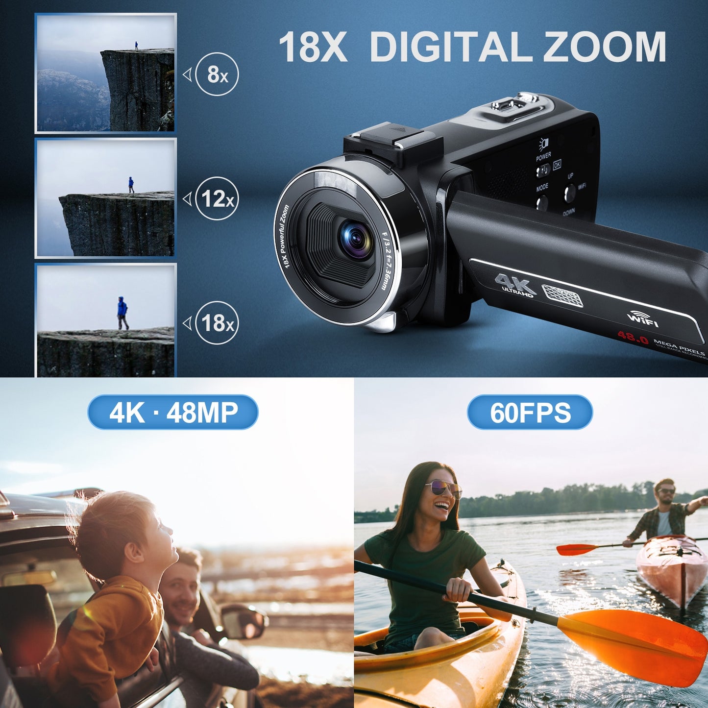 Caméra vidéo G-Anica 4K 60fps/48MP UHD enregistrement vidéo appareil photo numérique autofocus, caméra Zoom numérique 18X, écran 3 pouces