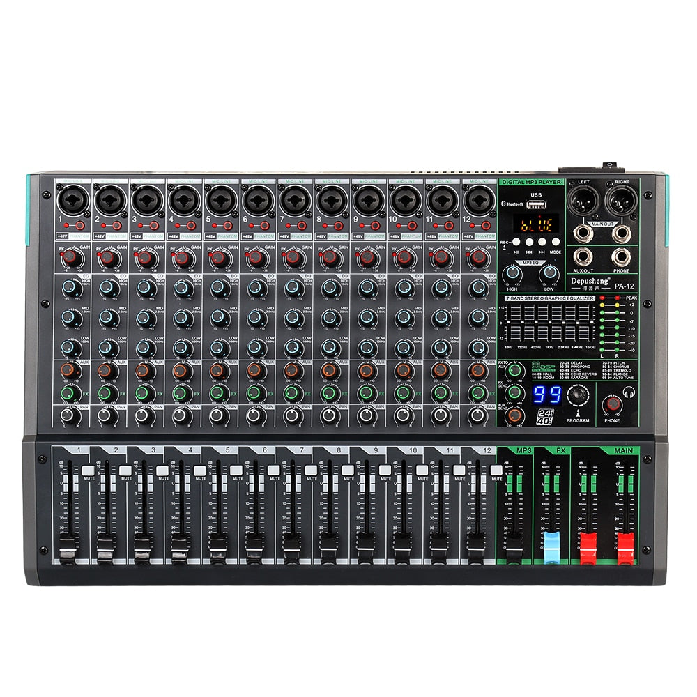 Depusheng – mélangeur Audio professionnel à 12 canaux PA12, Console de mixage sonore Portable avec alimentation fantôme 48V pour Microphone dynamique