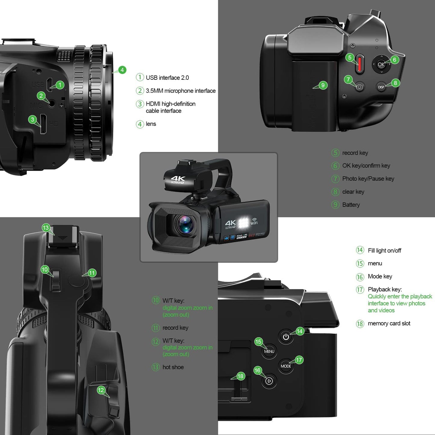 Caméscope vidéo professionnel 4K caméra de vlogging à mise au point automatique pour YouTube 64MP 60FPS WiFi Webcam 4 "écran tactile 18X Digita