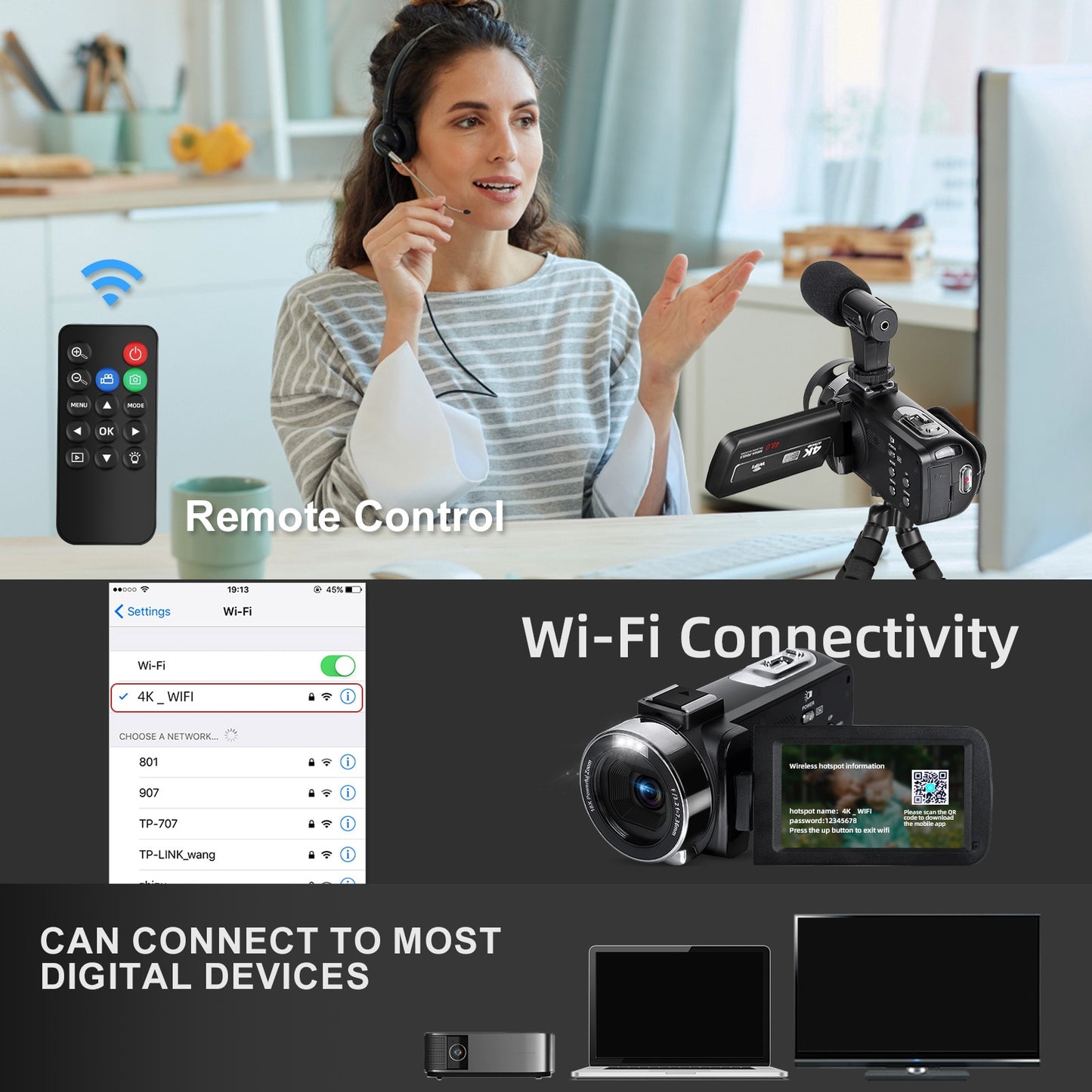 Caméra vidéo G-Anica 4K 60fps/48MP UHD enregistrement vidéo appareil photo numérique autofocus, caméra Zoom numérique 18X, écran 3 pouces
