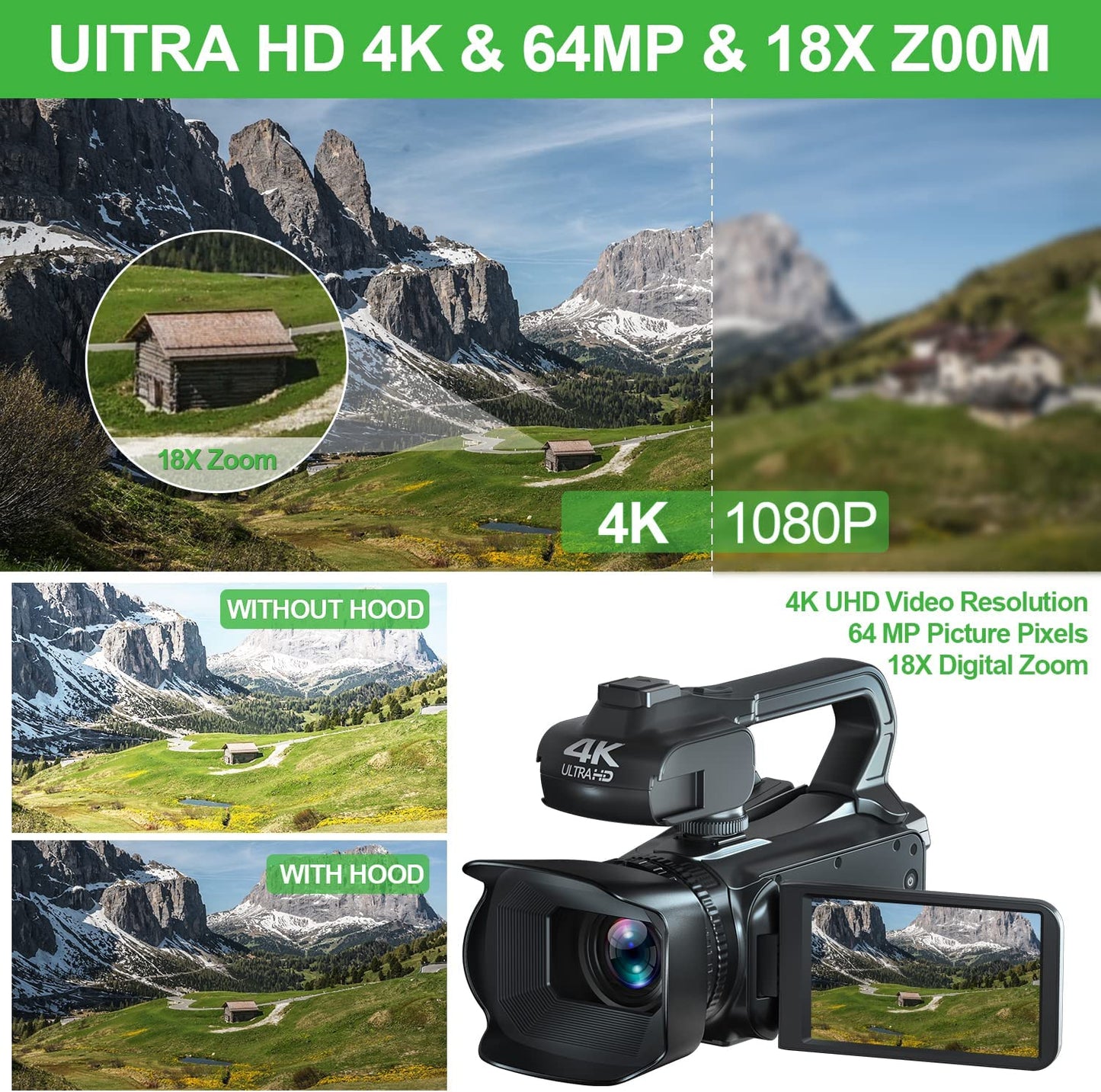 Caméscope vidéo professionnel 4K caméra de vlogging à mise au point automatique pour YouTube 64MP 60FPS WiFi Webcam 4 "écran tactile 18X Digita