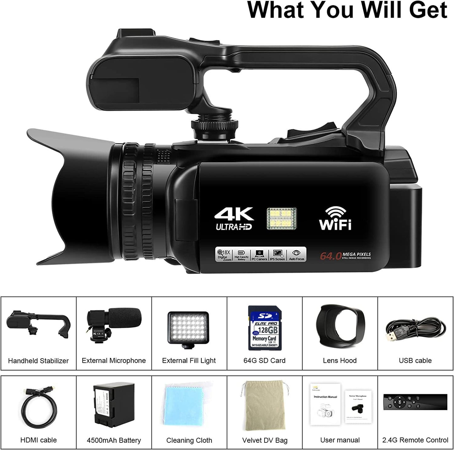Caméscope vidéo professionnel 4K caméra de vlogging à mise au point automatique pour YouTube 64MP 60FPS WiFi Webcam 4 "écran tactile 18X Digita