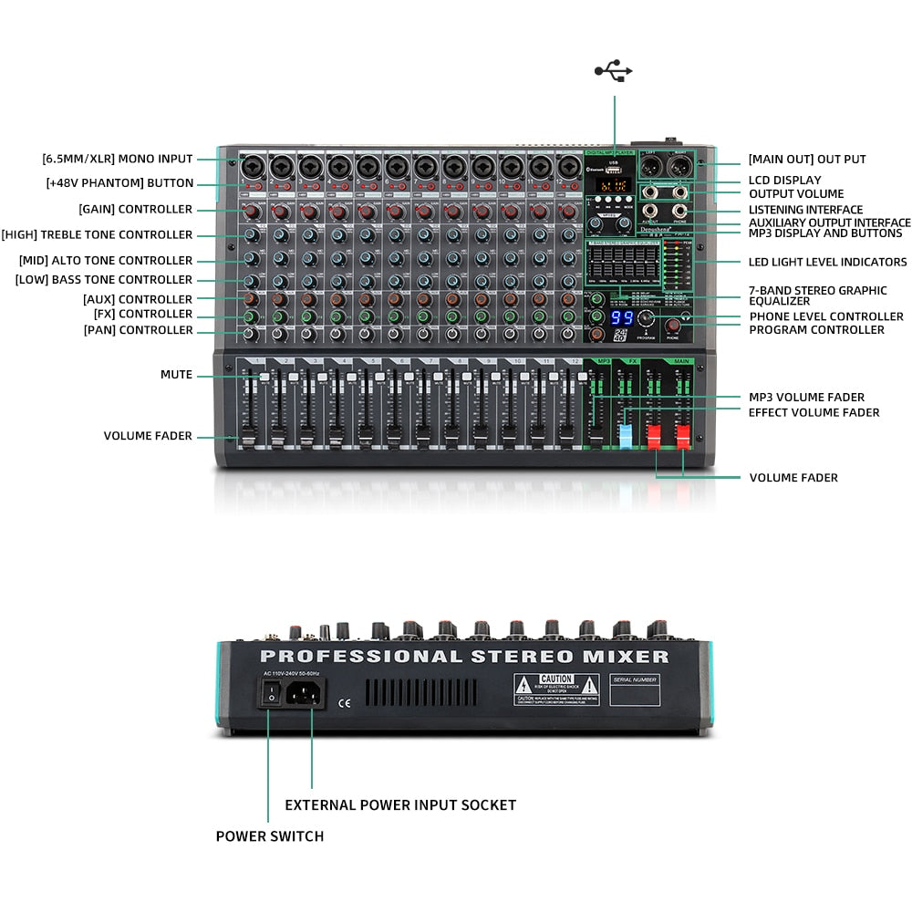 Depusheng – mélangeur Audio professionnel à 12 canaux PA12, Console de mixage sonore Portable avec alimentation fantôme 48V pour Microphone dynamique