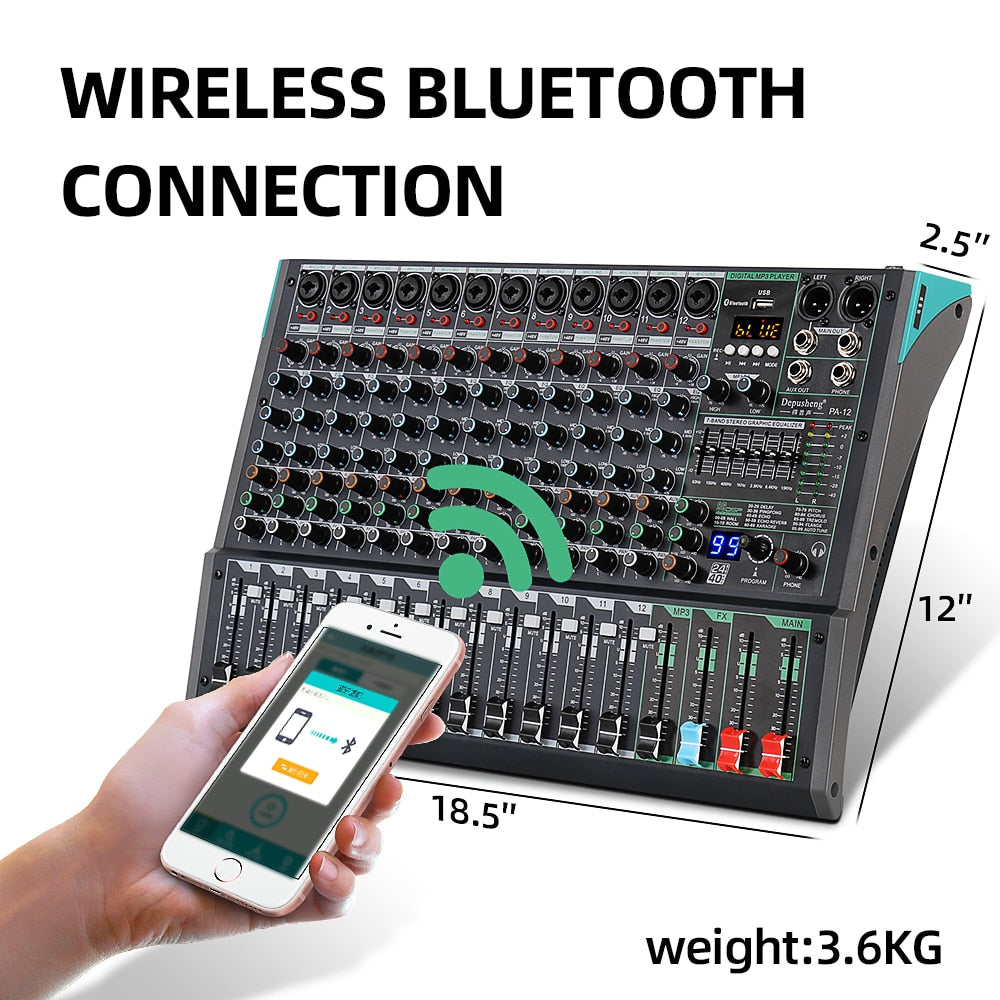 Depusheng – mélangeur Audio professionnel à 12 canaux PA12, Console de mixage sonore Portable avec alimentation fantôme 48V pour Microphone dynamique