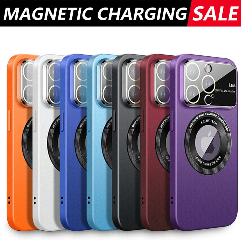 Luxury Magnetic for Magsafe Wireless Charge Matte Case for iPhone 14 13 11 12 Pro Max Plus Big Window Glass Lens Protector Cover