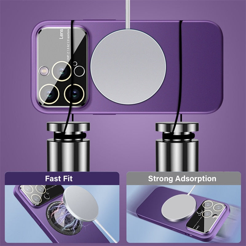 Luxury Magnetic for Magsafe Wireless Charge Matte Case for iPhone 14 13 11 12 Pro Max Plus Big Window Glass Lens Protector Cover