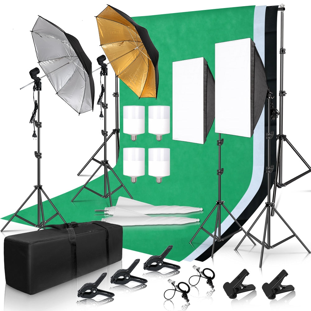 Photographie Photo Studio Softbox Kit d'éclairage avec cadre de fond 3 pièces décors trépied support réflecteur conseil 4 parapluie