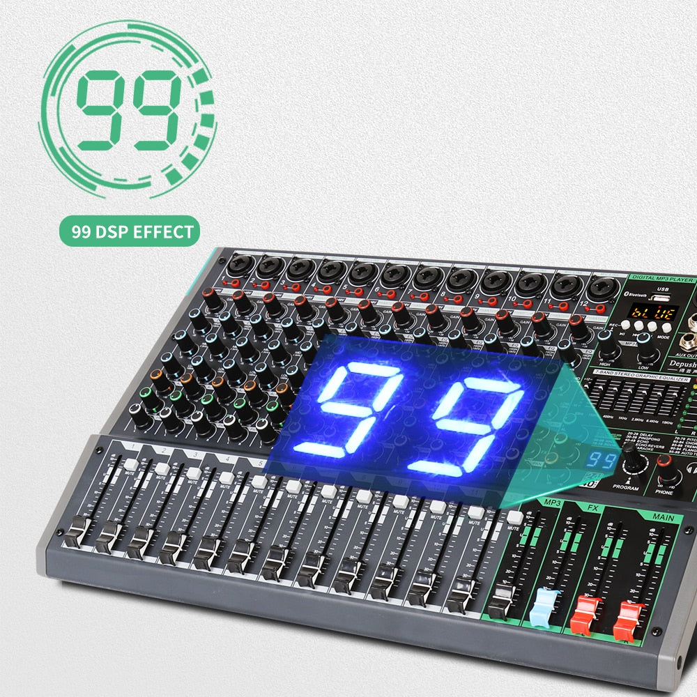 Depusheng – mélangeur Audio professionnel à 12 canaux PA12, Console de mixage sonore Portable avec alimentation fantôme 48V pour Microphone dynamique