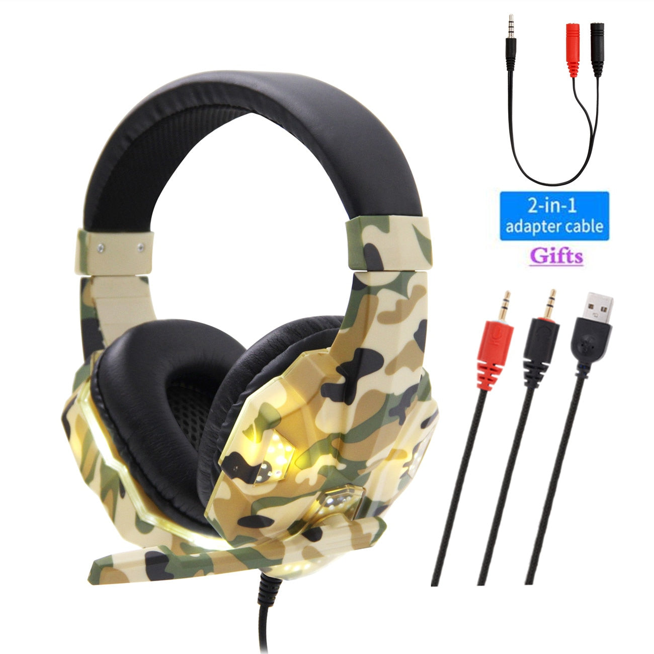 New Camouflage LED PC Gamer Headsets with Microphone, Adults kids Stereo Bass Cell Phone Gaming Wired Headphones For CS PS4PS5 Xbox