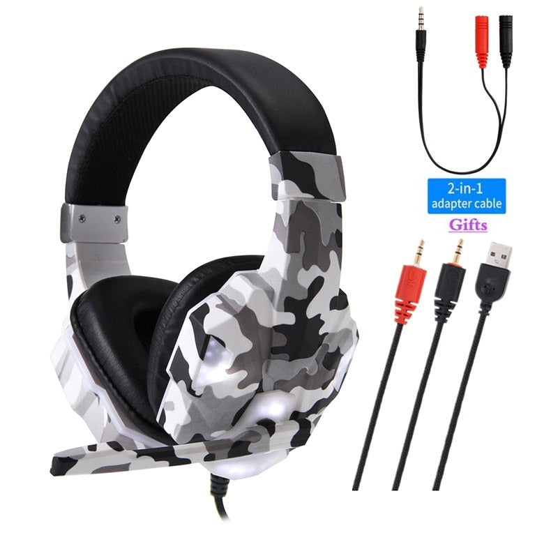 New Camouflage LED PC Gamer Headsets with Microphone, Adults kids Stereo Bass Cell Phone Gaming Wired Headphones For CS PS4PS5 Xbox