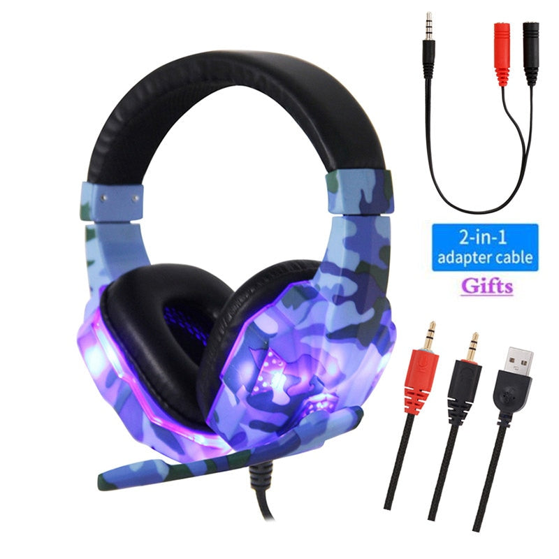 New Camouflage LED PC Gamer Headsets with Microphone, Adults kids Stereo Bass Cell Phone Gaming Wired Headphones For CS PS4PS5 Xbox