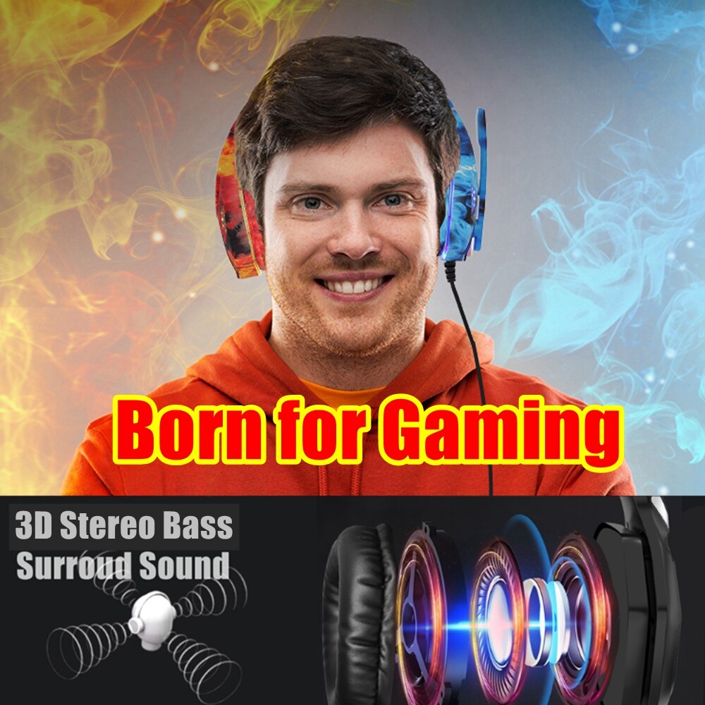 New Camouflage LED PC Gamer Headsets with Microphone, Adults kids Stereo Bass Cell Phone Gaming Wired Headphones For CS PS4PS5 Xbox