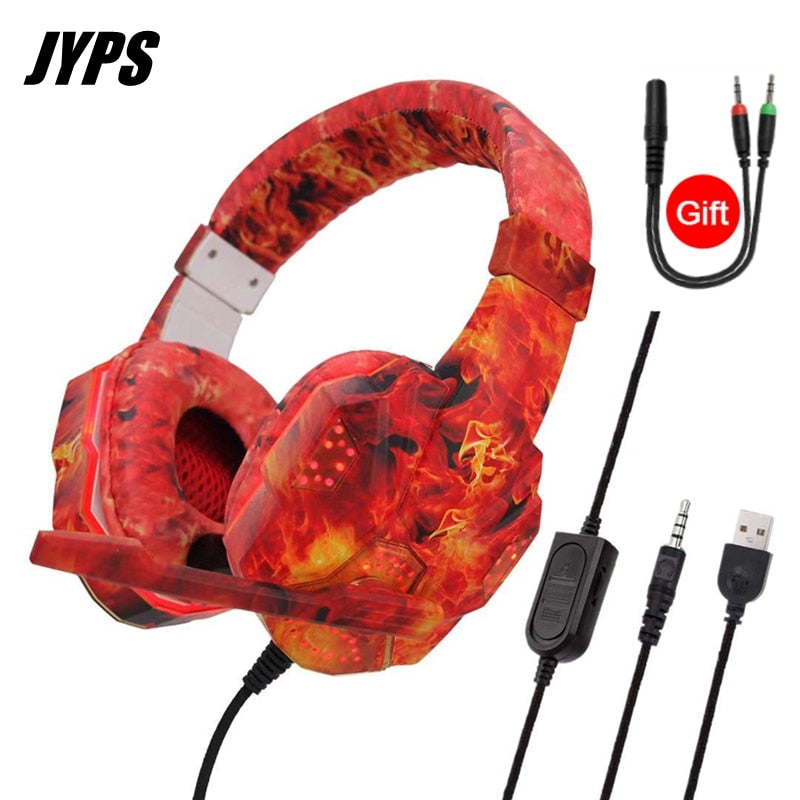 New Camouflage LED PC Gamer Headsets with Microphone, Adults kids Stereo Bass Cell Phone Gaming Wired Headphones For CS PS4PS5 Xbox