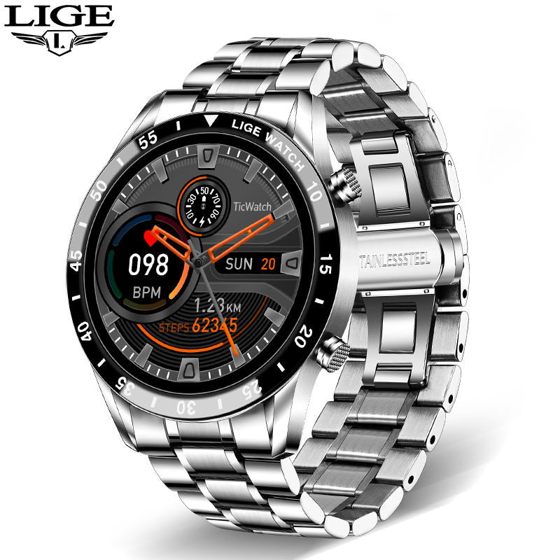 LIGE 2022 Full Circle Touch Screen Steel Band Luxury Bluetooth Call Men Smart Watch Waterproof Sport Activity Fitness Watch+Box