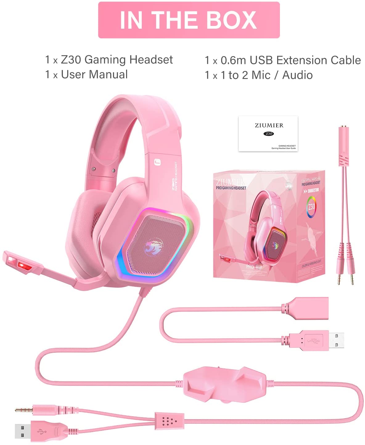 Casque de jeu rose pour PS4, PS5, Xbox One, PC, casque supra-auriculaire filaire avec suppression du bruit