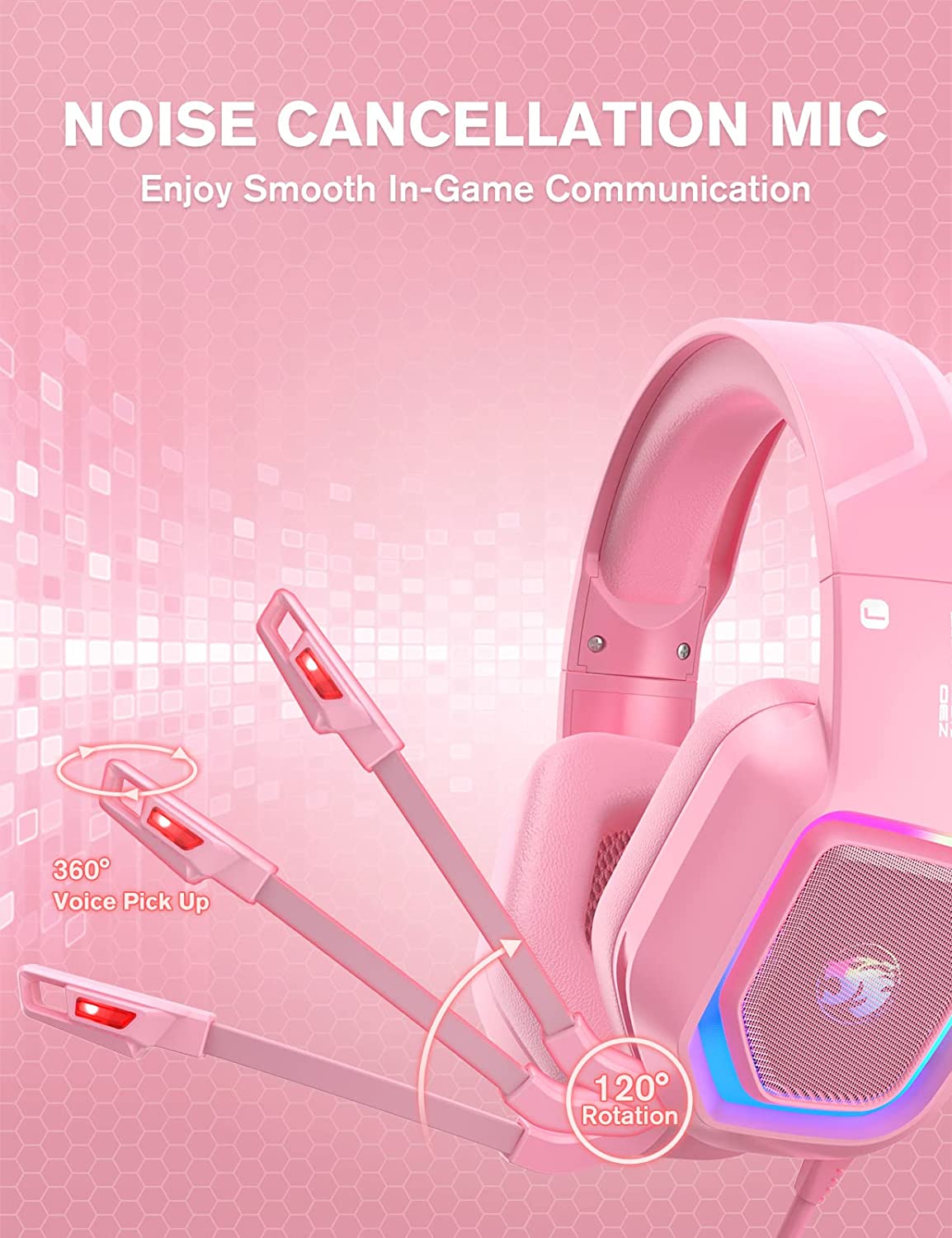 Casque de jeu rose pour PS4, PS5, Xbox One, PC, casque supra-auriculaire filaire avec suppression du bruit