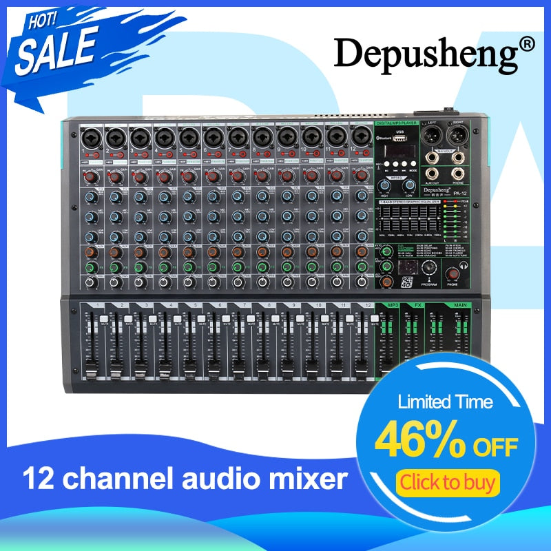 Depusheng – mélangeur Audio professionnel à 12 canaux PA12, Console de mixage sonore Portable avec alimentation fantôme 48V pour Microphone dynamique