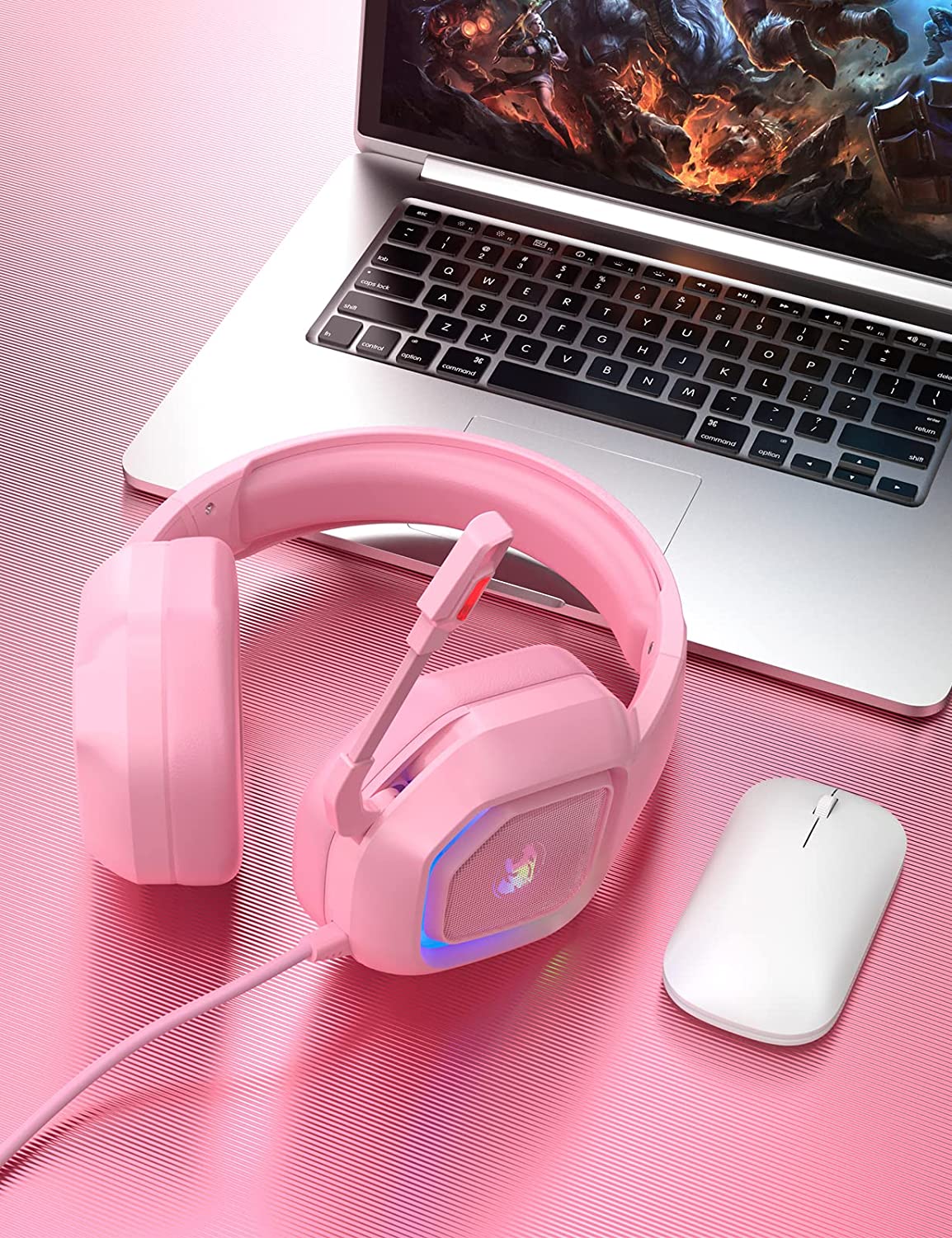 Casque de jeu rose pour PS4, PS5, Xbox One, PC, casque supra-auriculaire filaire avec suppression du bruit