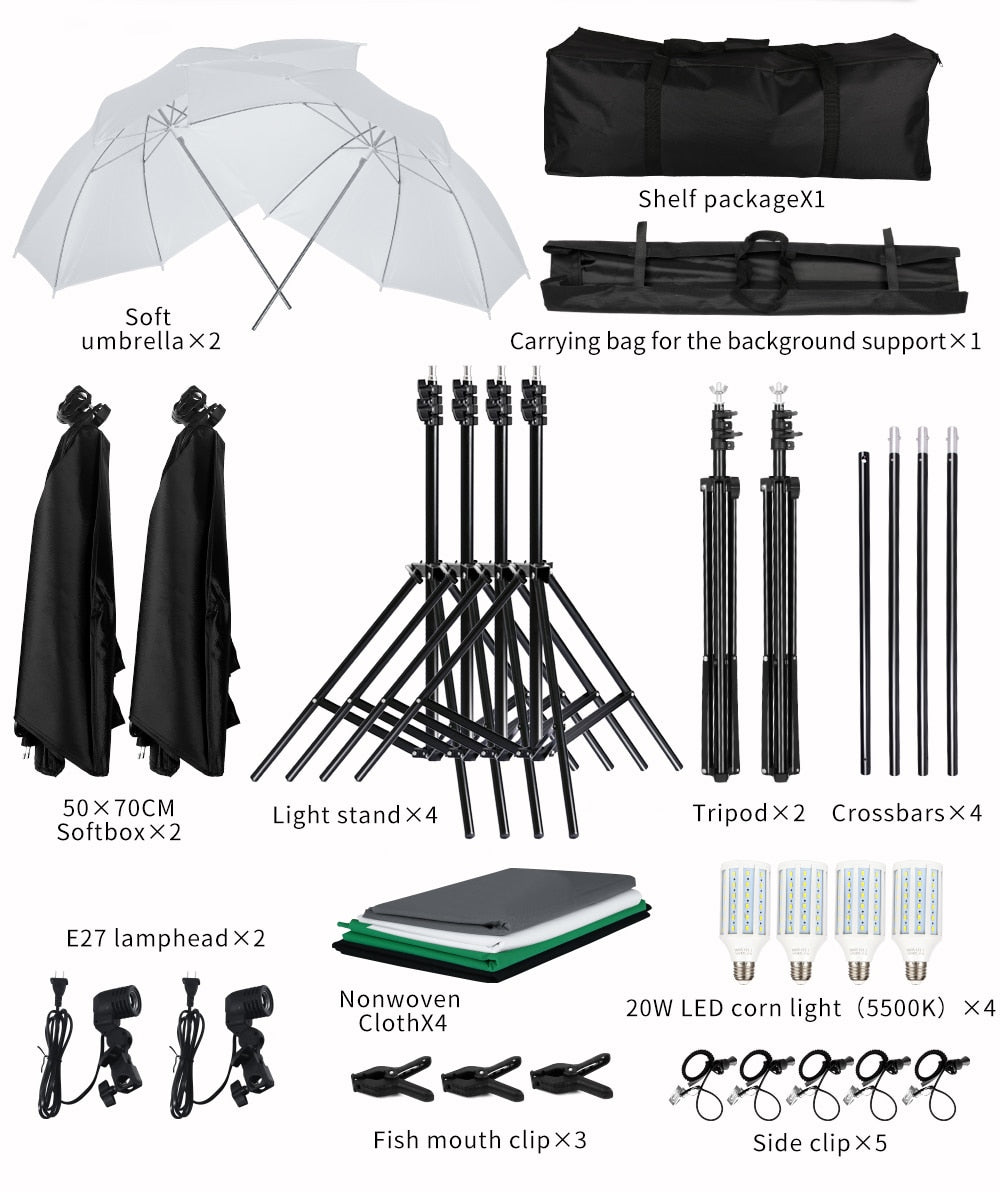SH Photo Studio Lighting Kit 2x3M Background Support System With Backdrop Photography LED Light Softbox Umbrella Tripod Stand