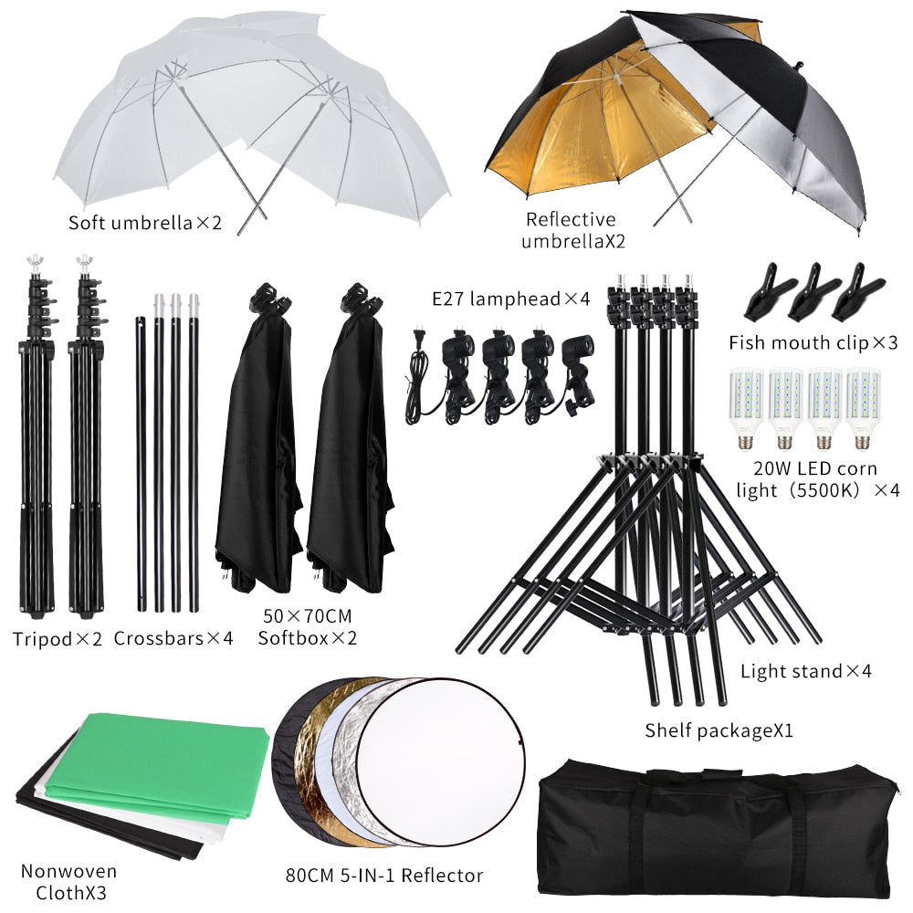 Photographie Photo Studio Softbox Kit d'éclairage avec cadre de fond 3 pièces décors trépied support réflecteur conseil 4 parapluie