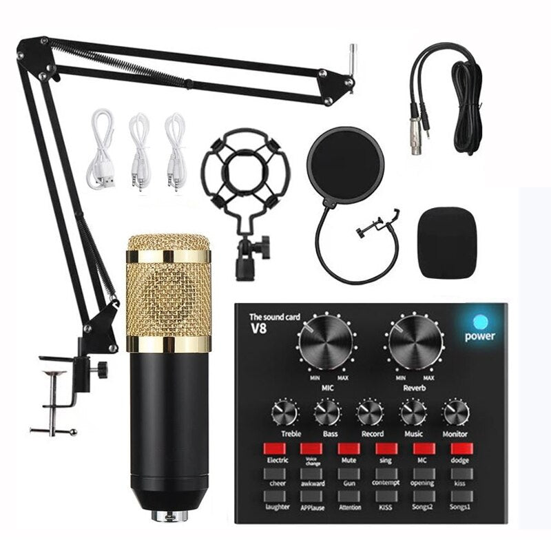Kit de microphone à condensateur professionnel avec jeu de carte son V8 pour le streaming en direct Mic Youtube Home Karaoké Studio
