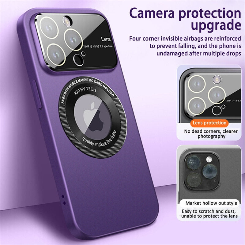 Luxury Magnetic for Magsafe Wireless Charge Matte Case for iPhone 14 13 11 12 Pro Max Plus Big Window Glass Lens Protector Cover