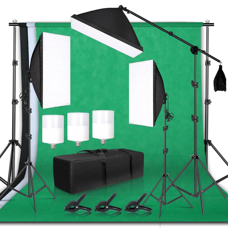 Photographie Photo Studio Softbox Kit d'éclairage avec cadre de fond 3 pièces décors trépied support réflecteur conseil 4 parapluie