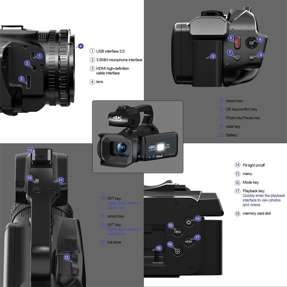 Caméra vidéo 4K caméscope 64MP 60FPS 18X Zoom numérique mise au point automatique Vlogging caméra vidéo WiFi pour caméscope YouTube en direct