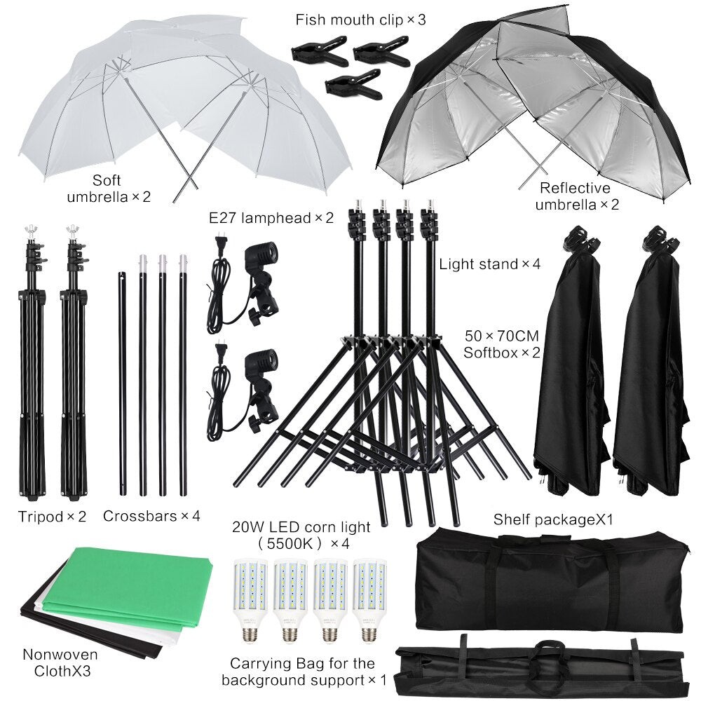 Boîte à lumière pour Studio Photo, Kit d'éclairage avec cadre d'arrière-plan 2x3M 4 pièces support trépied 2M 2 pièces boîte souple réflecteur 4 parapluie