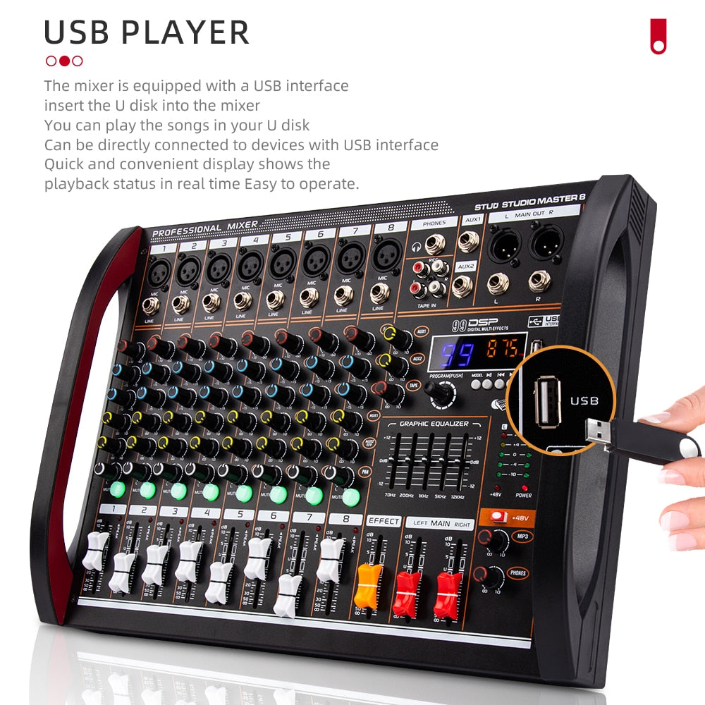 COKYIS-Console d'alimentation Assad à 8 canaux, enregistrement Bluetooth, effet 99 DSP, USB professionnel, centre commercial audio M8