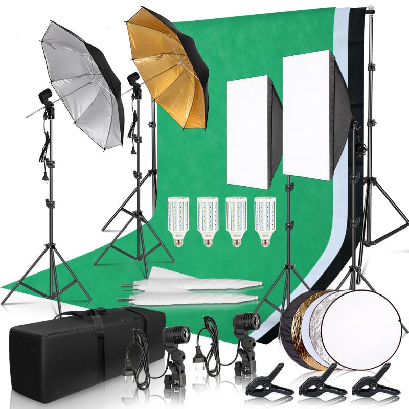 Photographie Photo Studio Softbox Kit d'éclairage avec cadre de fond 3 pièces décors trépied support réflecteur conseil 4 parapluie