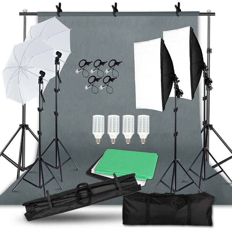 Photographie Photo Studio Softbox Kit d'éclairage avec cadre de fond 3 pièces décors trépied support réflecteur conseil 4 parapluie