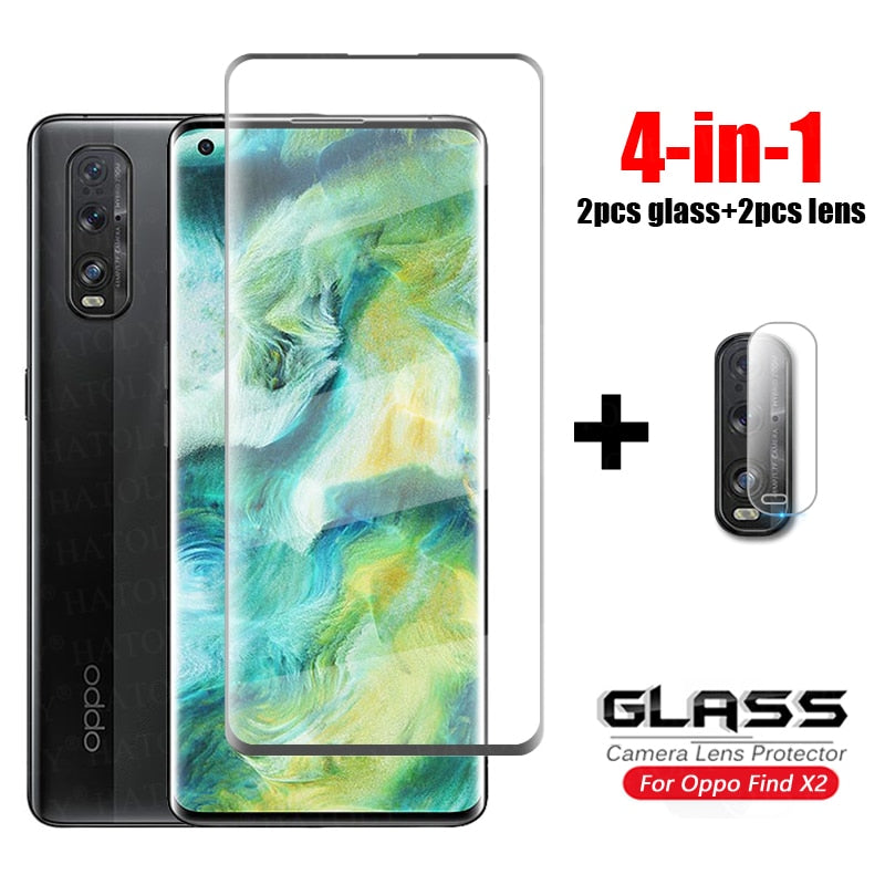 Verre 4-en-1 sur Find X2 Verre trempé Oppo Find X2 X3 Pro Neo 3D Full Curved Cover Glass Camera Lens Protecteur d'écran Find X2