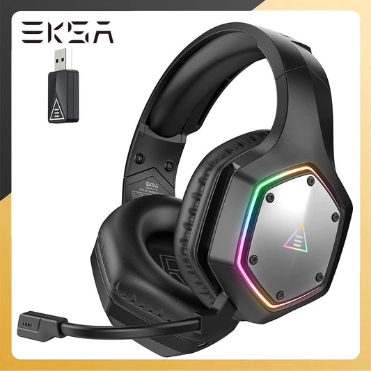 EKSA Casque de jeu sans fil 7.1 Surround 2,4 GHz filaire E1000 WT RGB Casque Gamer avec écouteurs ENC pour PC/PS4/PS5/Xbox One