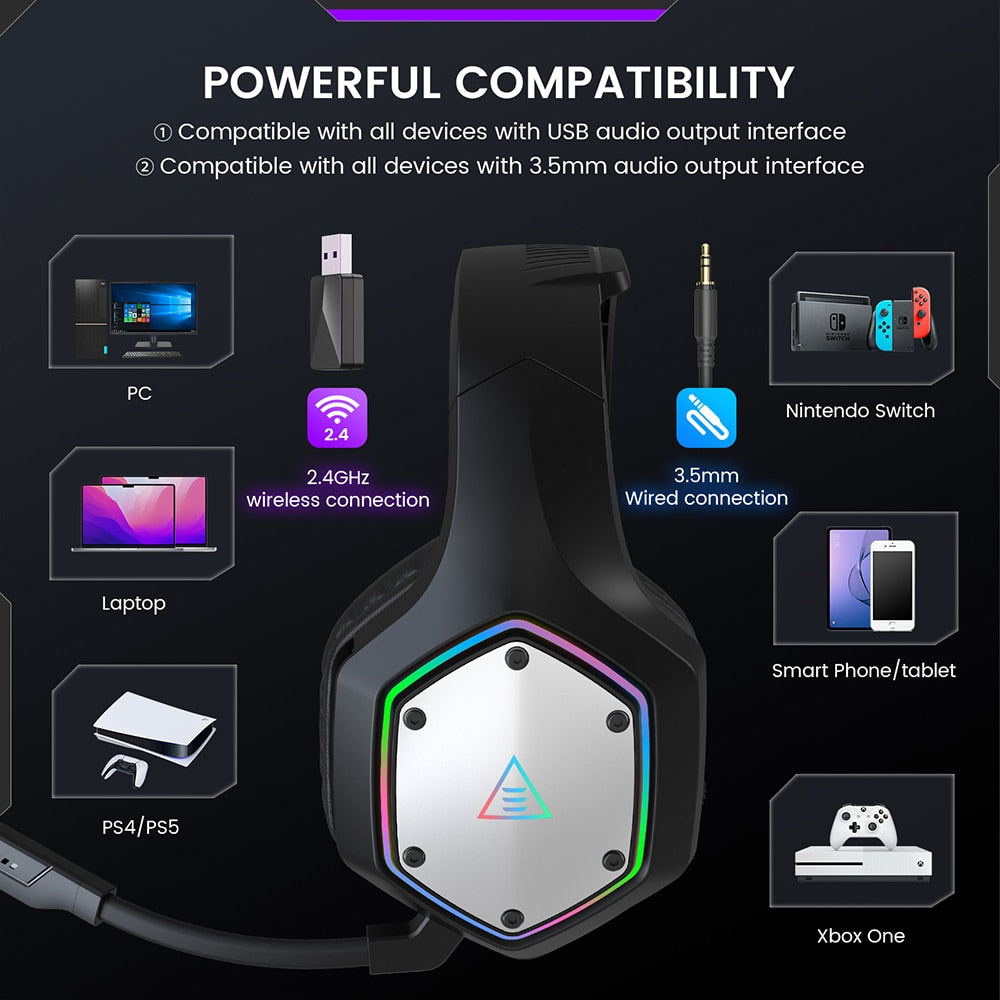 EKSA Casque de jeu sans fil 7.1 Surround 2,4 GHz filaire E1000 WT RGB Casque Gamer avec écouteurs ENC pour PC/PS4/PS5/Xbox One